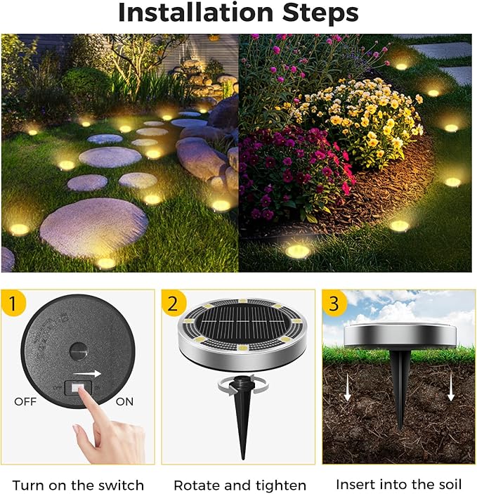 30 Pack Solar Ground Lights Outdoor, 8 LED Mini Flat Solar Disk Lights, IP65 Waterproof Anti-Rust Disc Light, Landscape Lighting for Garden Pathway Yard Walkway Driveway Lawn,Warm White