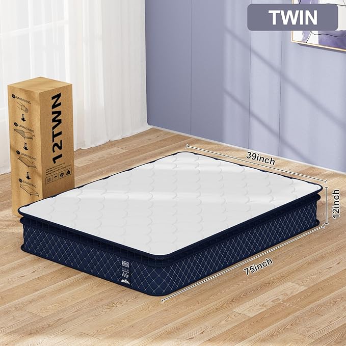 Twin Mattress, 12 Inch Twin Hybrid Mattress for Kids, Twin, Fiberglass Free, Medium Plush, Foam and Spring Hybrid Mattress for Motion Isolation, Pressure Relief & Edge Support, Mattress in A Box