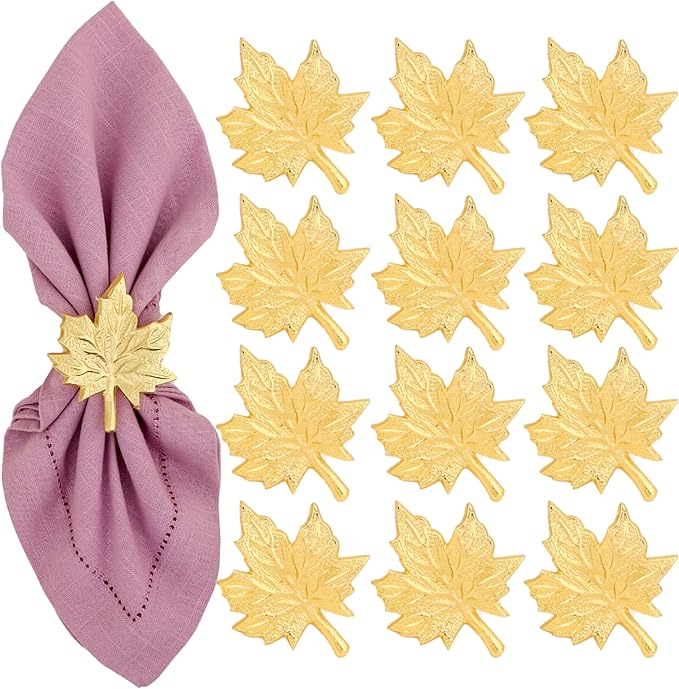 Set of 12 Maple Leaf Napkin Rings - Handcrafted Aluminum Napkin Holders for Cloth & Paper Napkins, Elegant Table Décor for Wedding Receptions Thanksgiving Christmas Holiday Parties (Gold) CLEENTABLE