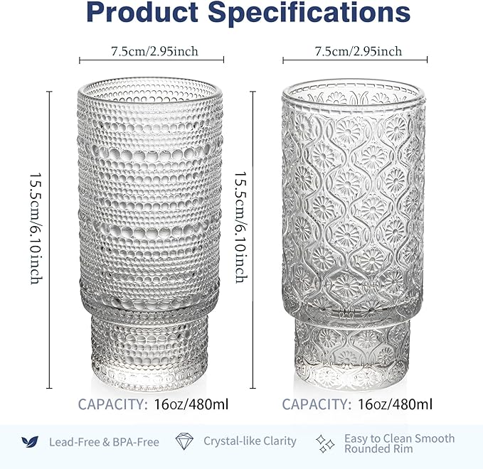16oz Drinking Glasses Set of 4, 2 Hobnail Glasses & 2 Embossed Water Goblets, Flower Design Stackable Vintage Tumbler Glasses, Old Fashion Beaded Glass Cups for Cocktail, Iced Coffee, Beer