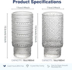 16oz Drinking Glasses Set of 4, 2 Hobnail Glasses & 2 Embossed Water Goblets, Flower Design Stackable Vintage Tumbler Glasses, Old Fashion Beaded Glass Cups for Cocktail, Iced Coffee, Beer