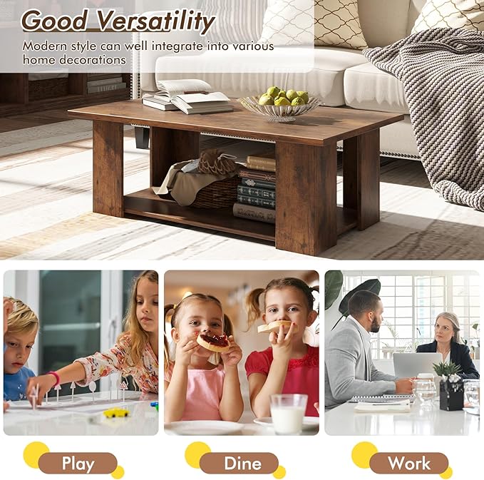 Tangkula 2-Tier Coffee Table, Modern Rectangular Center Cocktail Table with 5 Support Legs, Wooden Accent Living Room Furniture, Small Coffee Table for Small Spaces, Easy Assembly (Rustic Brown)