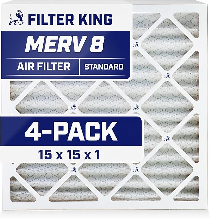 Filter King 15x15x1 Air Filter | 4-PACK | MERV 8 HVAC Pleated A/C Furnace Filters | MADE IN USA | Actual Size: 15 x 15 x .75"