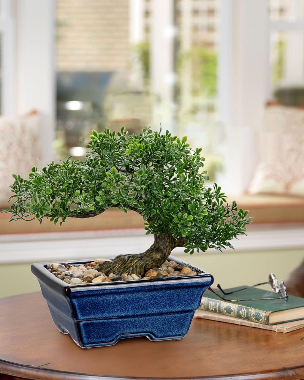 Artificial Bonsai Tree Faux Plants Indoor Fake Plants Decor with Blue Square Ceramic Pots for Home Table Office Desk Bathroom Shelf Bedroom Living Room Farmhouse Decorations