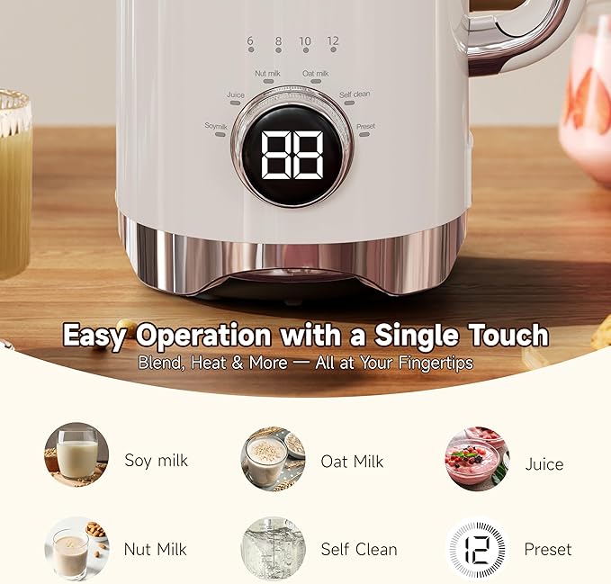 6-in-1 Upgraded 34oz Nut Milk Maker Machine with 8 Stainless Steel Blades, Automatic Plant-Based Milk Maker for Homemade Soy, Almond, Oat, Shakes & More, Keep Warm, Delay Start & Self-Cleaning