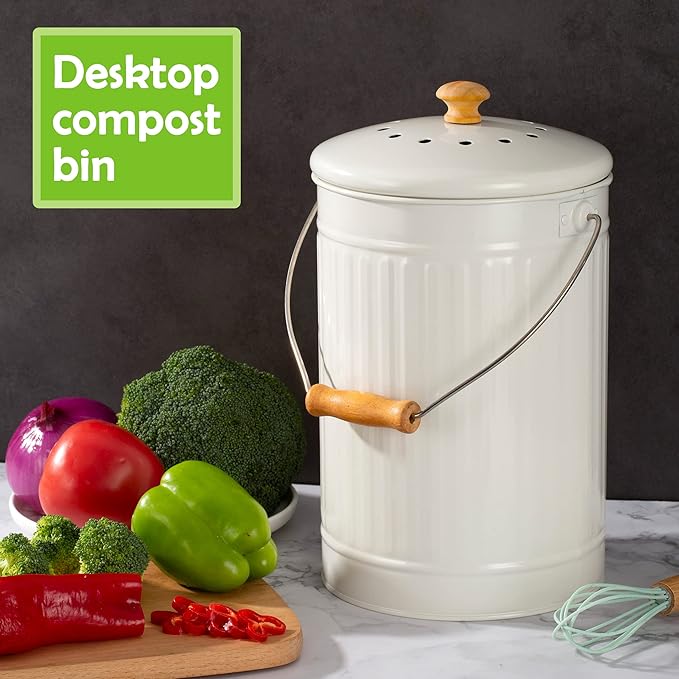 1.7 Gallon Kitchen Compost Bin, Indoor Countertop Compost Bin with Lid, 100% Rust Proof Compost Bucket with Non-Smell Charcoal Filters (White)