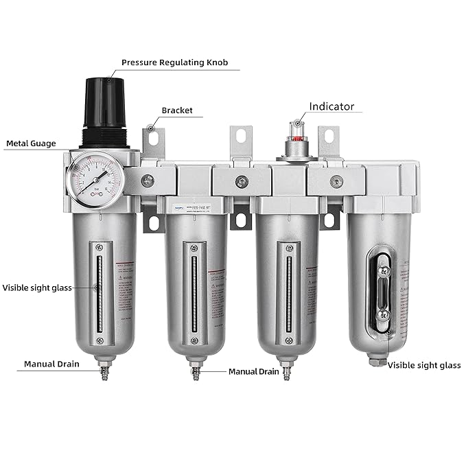 NANPU 1/2" NPT Industrial Grade 4 Stage Air Drying System - Double Particulate Filters, Coalescing Filter, Desiccant Dryer & Air Regulator, Metal Bowl, Manual Drain, for Paint Spray＆ Plasma Cutter