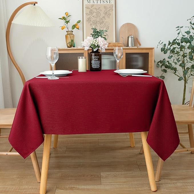 Biscaynebay Textured Fabric Christmas Square Table Cloth 60x60 Inch, Red Water Resistant Spill Proof Tablecloths for Dining, Kitchen, Wedding and Parties, Machine Washable