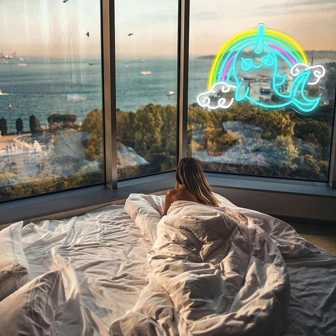 Rainbow Narwhal Neon Sign Dreamy Narwhal Led Sign Dimmable Rainbow Cloud Light up Sign Cute Fish Neon Light Decor for Bedroom Living Room Girl Dorm Shop Birthday Party Wedding Cartoon Lover