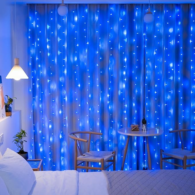 JMEXSUSS 300LED Christmas Curtain Lights, Blue Christmas Lights with Remote, Blue String Lights for Bedroom Wall Window Backdrop Garden Indoor Outdoor Patio Yard Porch Decorations, 9.8x9.8ft