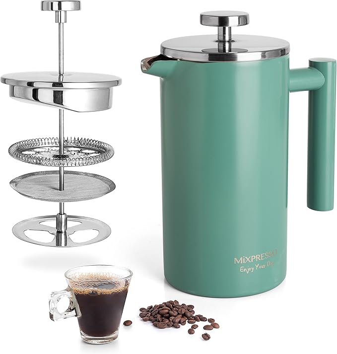Mixpresso Green Stainless Steel French Press Coffee Maker 26 Oz 770 Ml, Double Wall Insulated French Press Stainless Steel, Easy Clean Tea Brewer, Easy Press Durable Metal Coffee Press