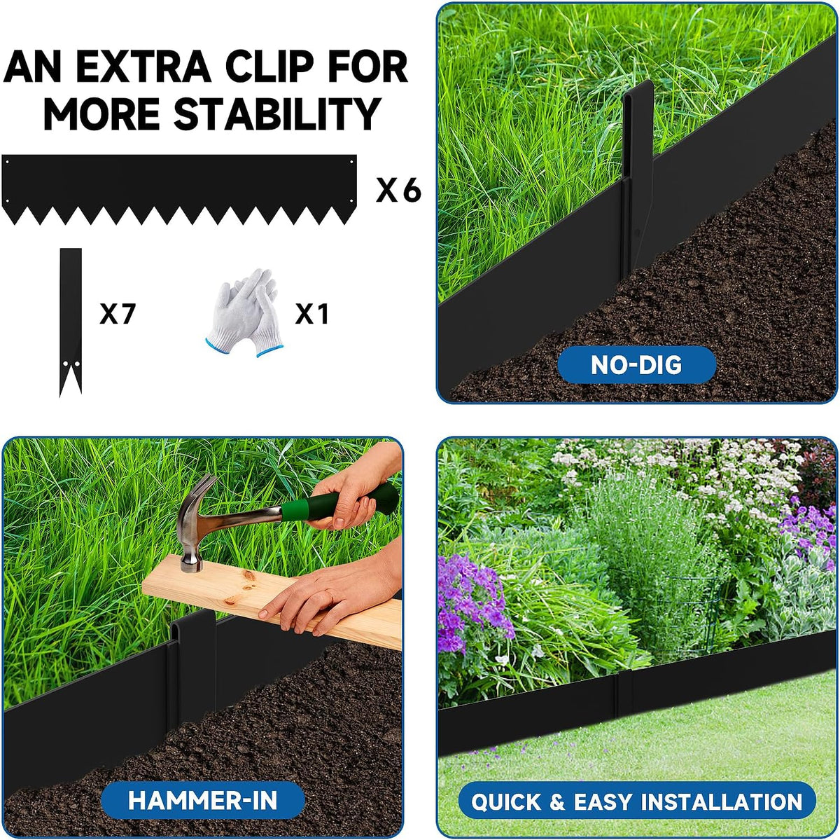 19.7Ft.Galvanized Steel Landscape Edging(6-Pack)-8"x39.4" Metal Garden Edging,7 Clips&Gloves,Hammer-in,No Dig,Rustproof,for Landscaping,Tree Rings,Garden,Yard&Pathway–Black