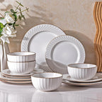 GBHOME Ceramic Dinnerware Sets,12 pcs Embossed Elegant Stoneware Plates and Bowls Sets, Housewarming Wedding Gift | Dishwasher & Microwave Safe | Dishes Set Service for 4