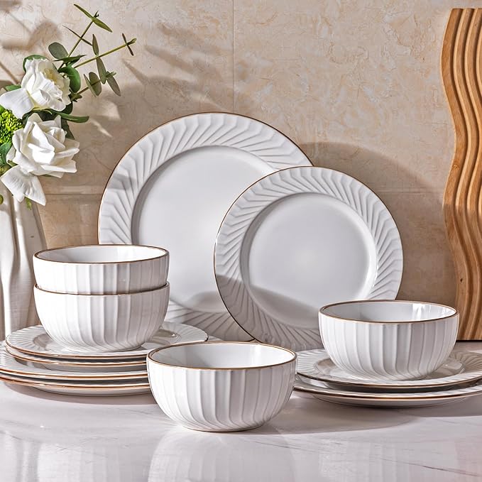 GBHOME Ceramic Dinnerware Sets,12 pcs Embossed Elegant Stoneware Plates and Bowls Sets, Housewarming Wedding Gift | Dishwasher & Microwave Safe | Dishes Set Service for 4