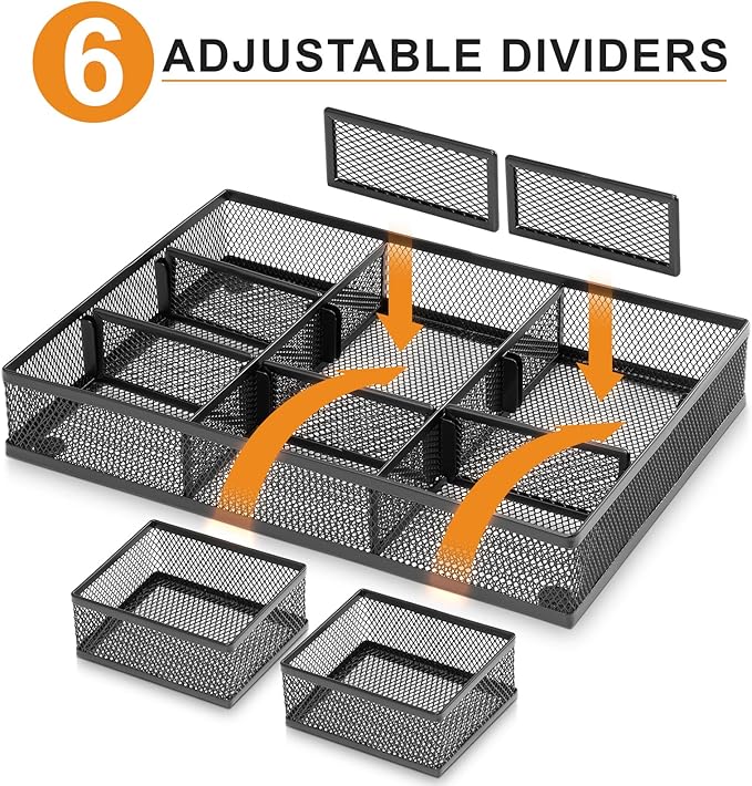 Marbrasse 3 Packs Desk Drawer Organizers, Metal Mesh Dividers Desk Drawer Organizer Tray with 9 Adjustable Compartments, Pen Organizer for Drawer Tray Box Accessories for Desktop,Kitchen, Makeup