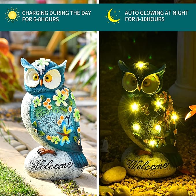 Sungmor Garden Solar Light Landscape Path Lights Lifelike Owl Figurine with LED Lights Waterproof Resin Animal Outdoor Statue Solar Powered Lamp for Outside Patio Yard Lawn Nocturnal Decor