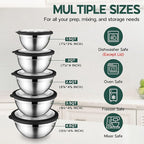 Stainless Steel Mixing Bowls with Black Lids, Metal Nesting Mixing Bowl Set of 5 - Size 1.5, 2, 2.6, 3.5, 4.6QT
