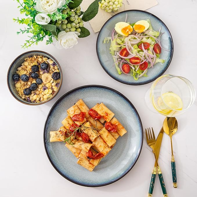 LERATIO Ceramic Dinnerware Sets for 8,Stoneware Plates and Bowls Sets,Handmade Reactive Glaze Dishes Set,Chip Resistant and Scratch Resistant | Oven&Dishwasher & Microwave Safe-Gray White (24PCS)