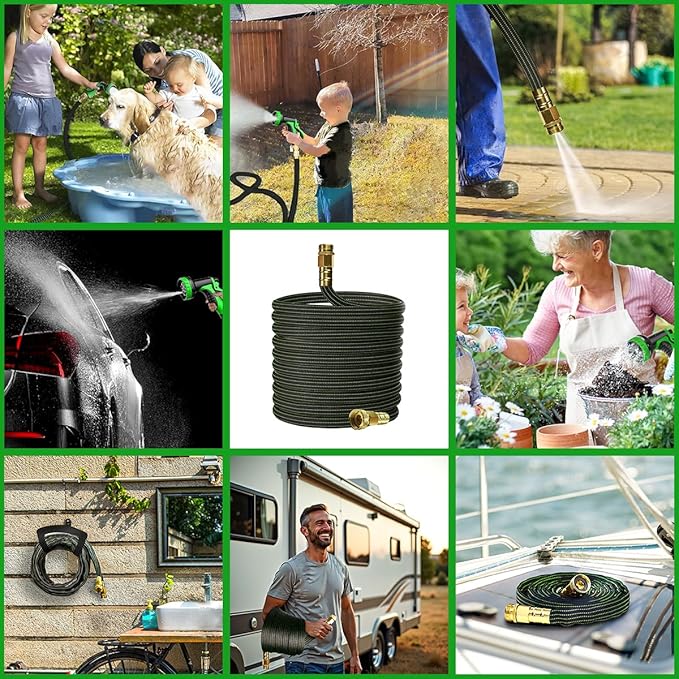 30ft Lightweight Flexible Garden Hose,Non-Slip Handles,Non-kink Hose,Solid Brass Fitting for Boats, RV Water Hose,Marine Washdown,Lawn,Garden,Leakproof TPE Hose(GreenBlack, 30 FT)