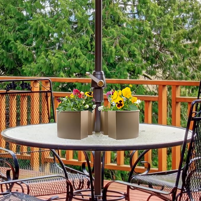 AuldHome Design Umbrella Planter for Patio Table (Beige/Greige), w/Umbrella Hole, Enamelware Half-Circle Planter Pots