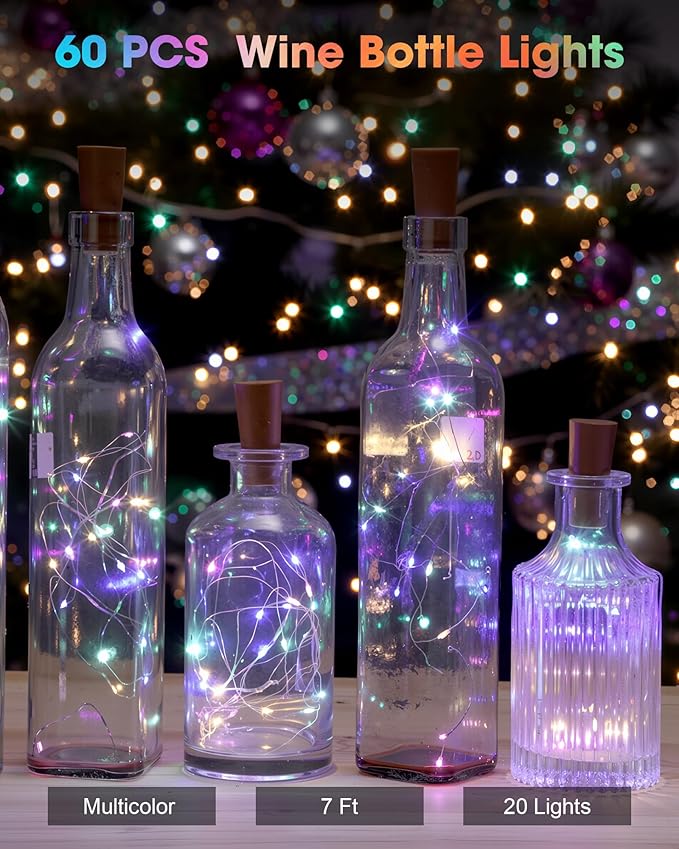 Hortsun 60 Pack Wine Bottle Lights with Cork Fairy Mini String Lights Battery Operated Mini Waterproof 7 ft Silver Wire 20 Led Cork Shape for Christmas, DIY, Party, Decor, Wedding, Bar (Multicolor)