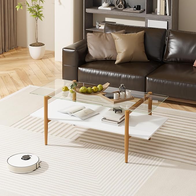 Glass Coffee Table, Rectangle Living Room Center Table with Golden Legs, Mid-Century Modern Accent Tables with Open Shelf for Living Room, Office, White