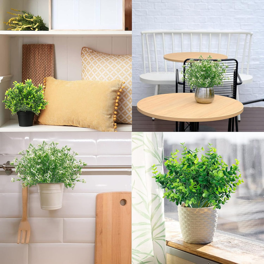 Ouddy Decor 6 Bundles Artificial Greenery Stems Mixed Fake Plants Eucalyptus Stems Babys Breath Faux Plastic Artificial Plants & Flowers for Outdoor Indoor Garden Home Window Box Decor