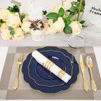 NOCCUR 175PCS Blue Plastic Plates with Disposable Silverware - Include 50 Blue Disposable Plates with Gold Rim,75 Gold Cutlery,25 Cups,25Napkins for Party/Hanukkah/Thanksgiving