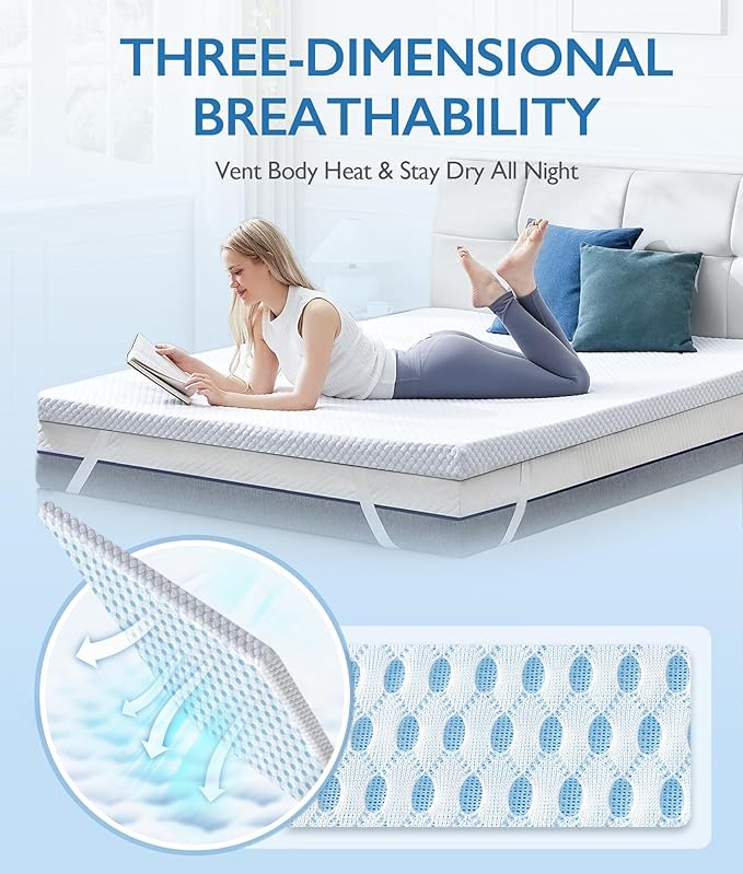 SINWEEK 2 Inch Twin XL Cooling Memory Foam Mattress Topper for Pressure Relief, Thick Bed Mattress Pad with Cooling Soft Cover and Adjustable Straps, CertiPUR-US Certified