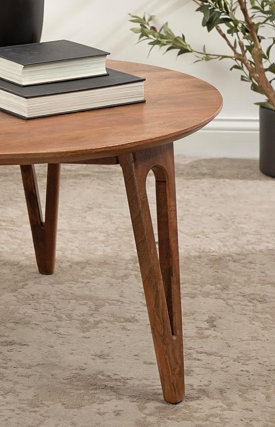 Kate and Laurel Kershaw Mid-Century Modern Round Coffee Table, 30 x 30 x 19, Walnut Brown, Transitional Circle Living Room Table with Solid Mango Wood Construction and Tapered Hairpin Legs