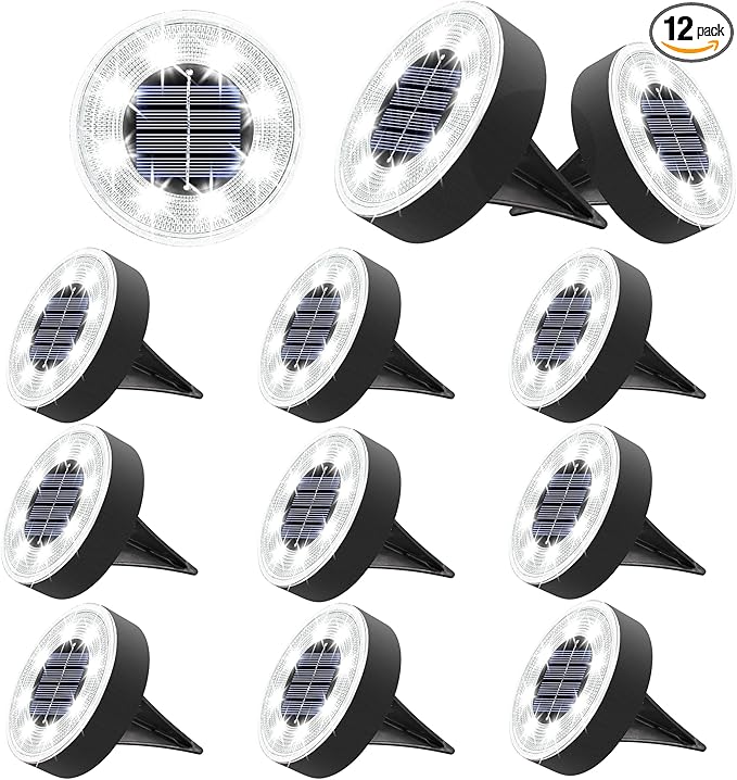 Joomer Solar Ground Lights, 12 Pack 8 LED Solar Lights Outdoor Waterproof IP68 Disc Light Landscape Lighting Garden Light for Patio Pathway Lawn Yard Driveway Walkway(White)