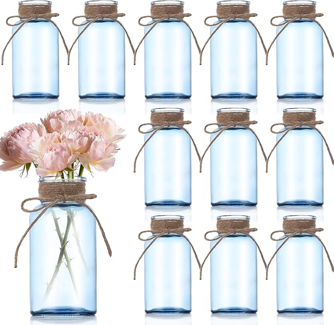 Blue Glass Flower Vases for Centerpieces Set of 12, Mason Jars Boho Cylinder Bud Vases in Bulk, for Weddings Parties Vintage Home Decor