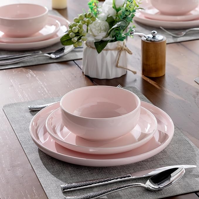 AmorArc Ceramic Dinnerware Sets for 4, Pocelain Plates and Bowls Sets, Scratch Resistant Dishes Set, Dishwasher & Microwave & Oven Safe,Pink-12 pcs