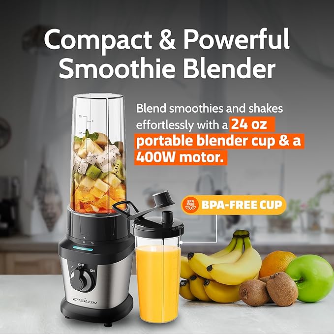 Epsilon Portable blender for Shakes and Smoothies – 400W Personal Blender with 24oz Portable Bottle, Electric Personal Blender Bottle with 4-Blade Assembly, Travel-Friendly and BPA-Free