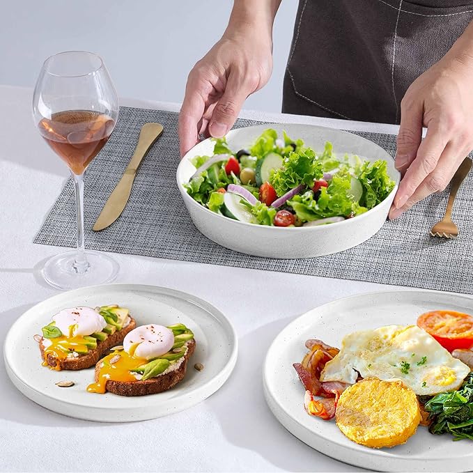 Herogo Dinnerware Sets with Pasta Bowls for 4, 16 Piece Dinner Salad Plates and Cereal Serving Bowls, Double Reactive Glaze, Microwave & Dishwasher Safe, Chip & Scratch Resistant, Speckled White