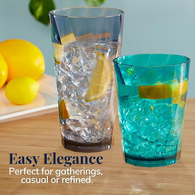 US Acrylic Optix Plastic Reusable Drinking Glasses (Set of 16) 14oz Rocks & 20oz Water Cups in Coastal Colors | BPA-Free Tumblers, Made in USA | Top-Rack Dishwasher Safe