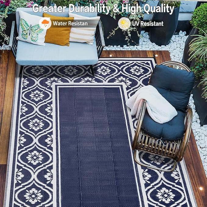 RV Outdoor Rug Waterproof Mat 9'x12' Camping Carpet Blue Outside Area Rugs Reversible Rugs for Deck Entryance Porch Picnic Balcony Beach