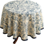 ISAENNE Designer French Linen Small Round Tablecloth,Blue Floral Washable Indoor Table Cloth,Durable Home Decor Tablecloths for Dining Thanksgiving Kitchen Party Christmas,Diameter 55"-Ruyi B