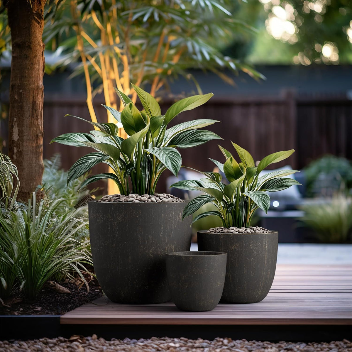 Kante 18",14",10" Dia Concrete Round Planters (Set of 3), Outdoor Indoor Large Planter Pots with Drainage Hole and Rubber Plug for Home Patio Garden, Oil Rubbed Bronze