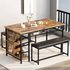 AWQM Space Saving Dining Table Set for 2-4 People, 53" Kitchen Table with 2 Upholstered Bench, Dinner Table with Wine Rack Glass Holder and Storage Shelf, 3-Piece Dinette Table for Small Apartment