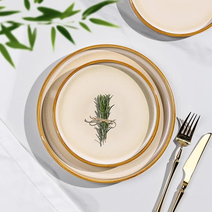 LERATIO Ceramic Dinnerware Sets for 4,Round Reactive Glaze Ceramic Plates and Bowls Set,Highly Chip and Crack Resistant | Dishwasher & Microwave Safe Dishes Set,Service for 4 (12pc)-Kahki