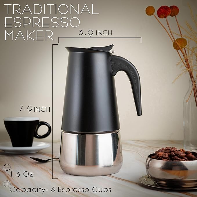 Mixpresso Black 6 Cup Greca Stovetop Espresso Pot 300ml/10oz, Moka Pot with Coffee Percolator Design, Stainless Steel Stove Top Coffee Maker for Camping or Home Use,Italian Stovetop Espresso Maker