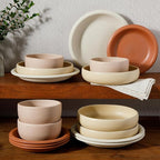 Bloomhouse Corsica Clay 16 Piece Stoneware Rustic Reactive Glaze Dinnerware Set - Stackable Plates and Bowls Set. Service for 4 - Matte Assorted Colors