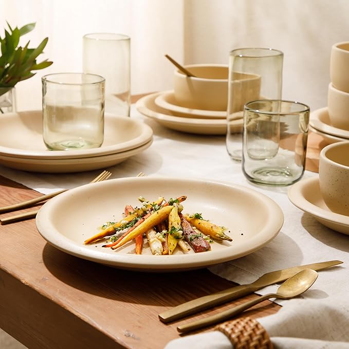 Bloomhouse Corsica Clay 12 Piece Stoneware Rustic Reactive Glaze Dinnerware Set - Stackable Plates and Bowls Set. Service for 4 - Matte Finish Cappuccino Cream