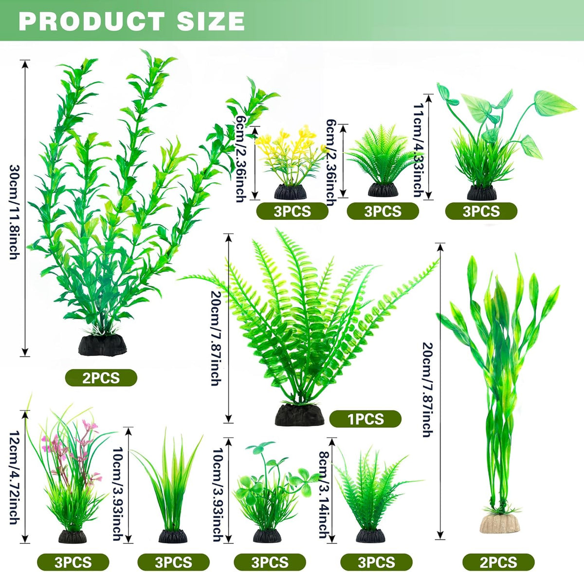 Ameliade Aquarium Artificial Green Plastic Plants Decorations 26 PCS Large Fish Tank Accessories Goldfish Betta Tank Decor