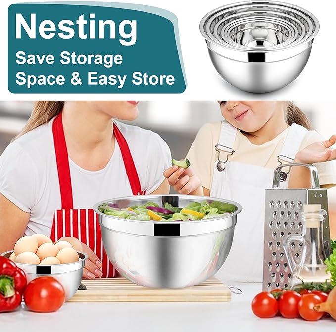 E-far Mixing Bowls with Lids, 12-Piece Stainless Steel Salad Bowls Metal Nesting Bowls for Baking Cooking and Prepping, Airtight Lids & Stackable Design, Size 7, 4.5, 3, 1.5, 1.2, 0.7 QT (Blue)