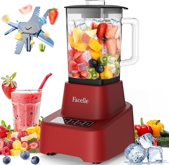 Red Smoothie Blender, Facelle Countertop Blender for Kitchen, 55 oz Glass blender for smoothies and Shakes, Licuadora, Smoothie maker with touchscreen 3+P Speeds, Cleaning brush ＆ removable SS blade