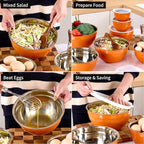 Orange Mixing Bowls with Lids Set of 7, Stainless Steel Nesting Bowl with Khaki Lid for Non-slip Mixing Prepping Storing Serving, 7 Sizes-7/3.6/2.7/2.1/1.5/1/0.8 QT