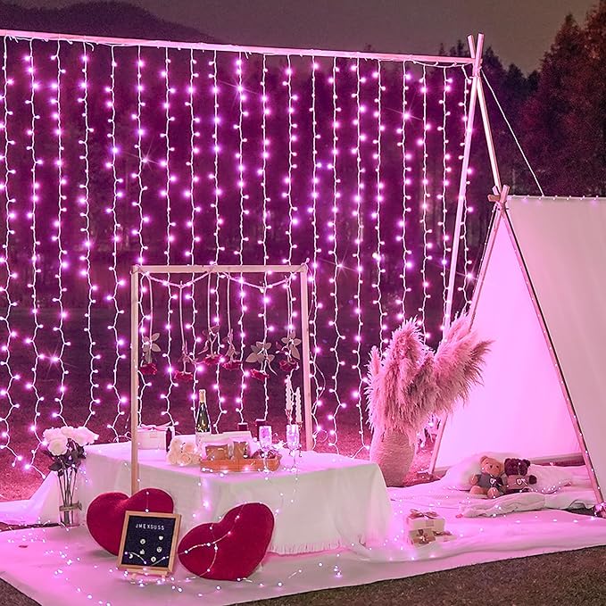 JMEXSUSS 300 LED Pink Curtain Lights Indoor, Christmas Lights Plug in, 8 Modes Pink String Lights for Bedroom Window Wall Party Backdrop Xmas Valentine Decorations, 9.8x9.8ft