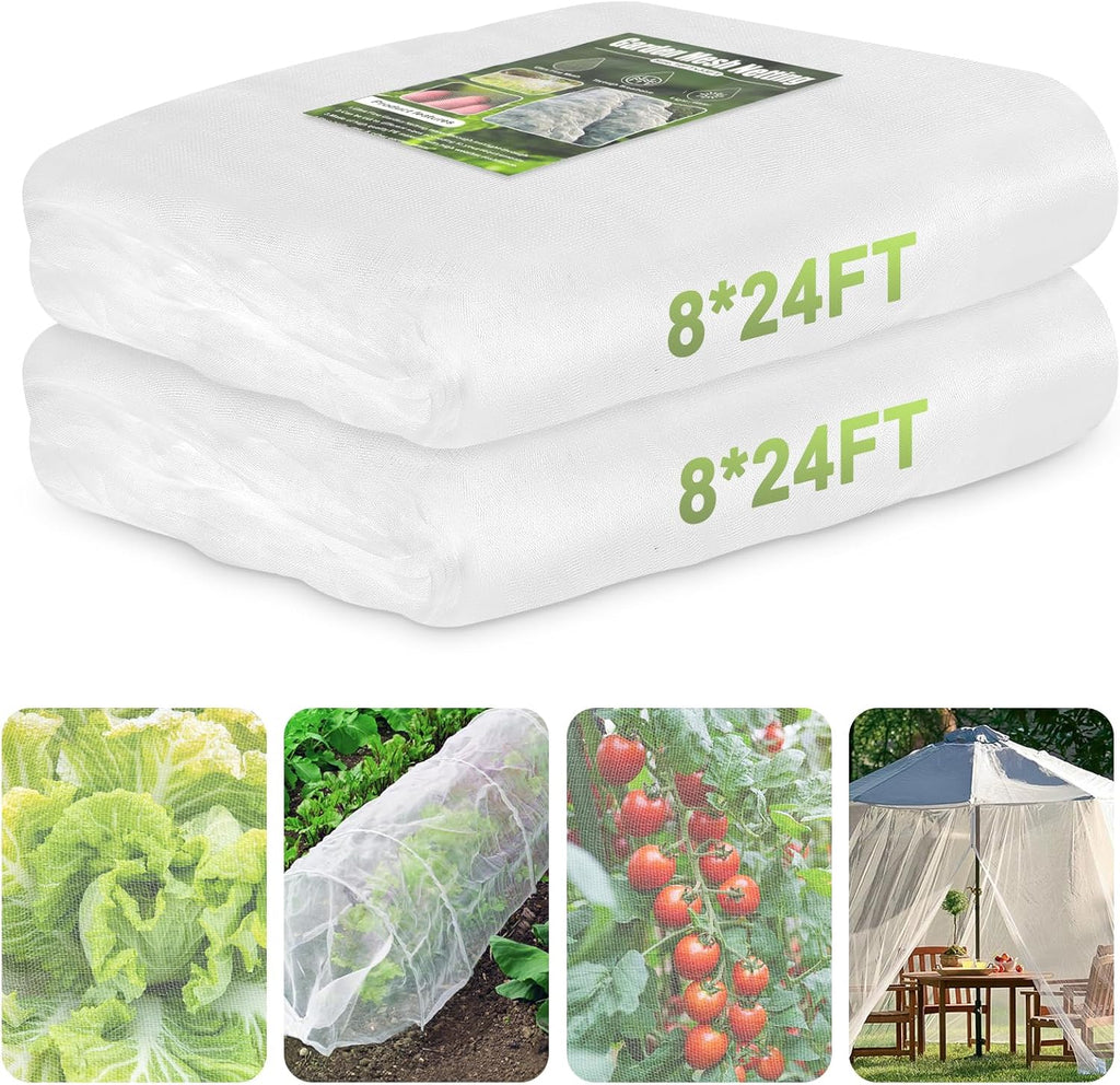 Garden Netting, 2 Pack 8x24Ft Ultra Fine Mesh Netting Pest Barrier Protection Bird Mosquito Net Plants Cover for Vegetables Fruits Flowers Crops Greenhouse Row Cover Raised Bed Patio Mesh Netting
